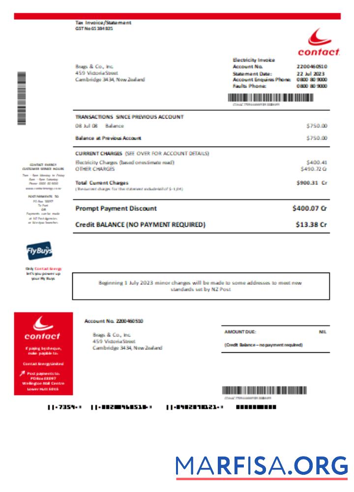 Blank Contact Energy proof of energy business bill, SCR sample